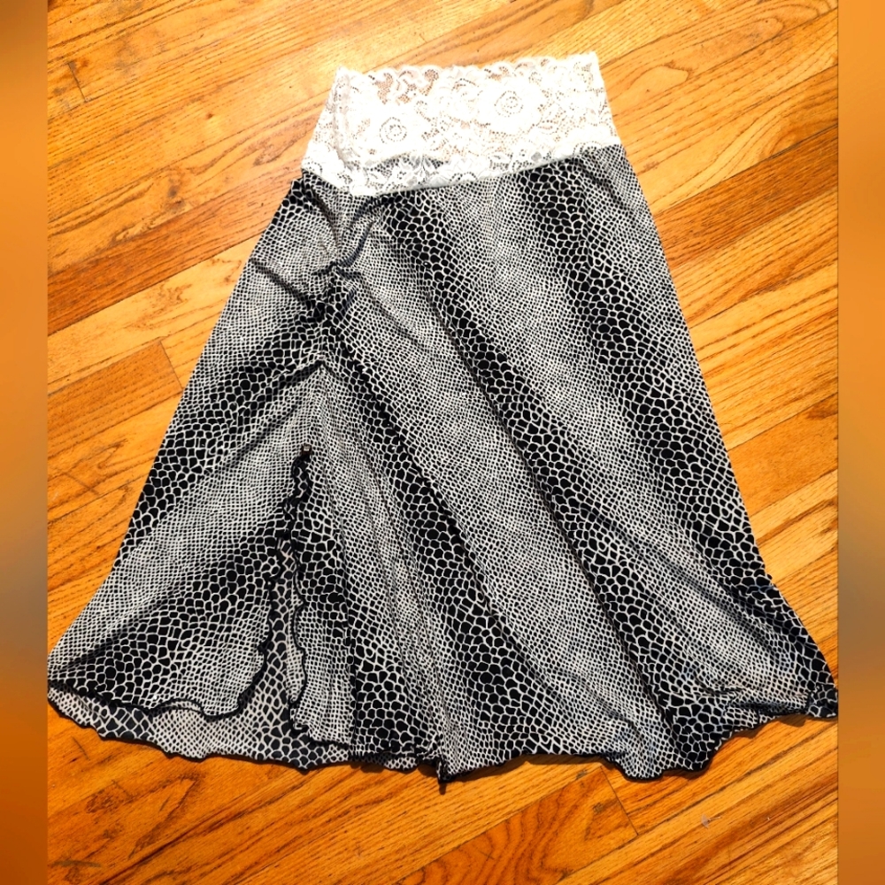 Argentine Tango Dancing Ruched Skirt with Slit, Lace Waist, size XS - S